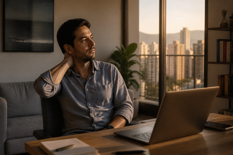 Profesional haciendo una pausa al final de la tarde junto a su escritorio