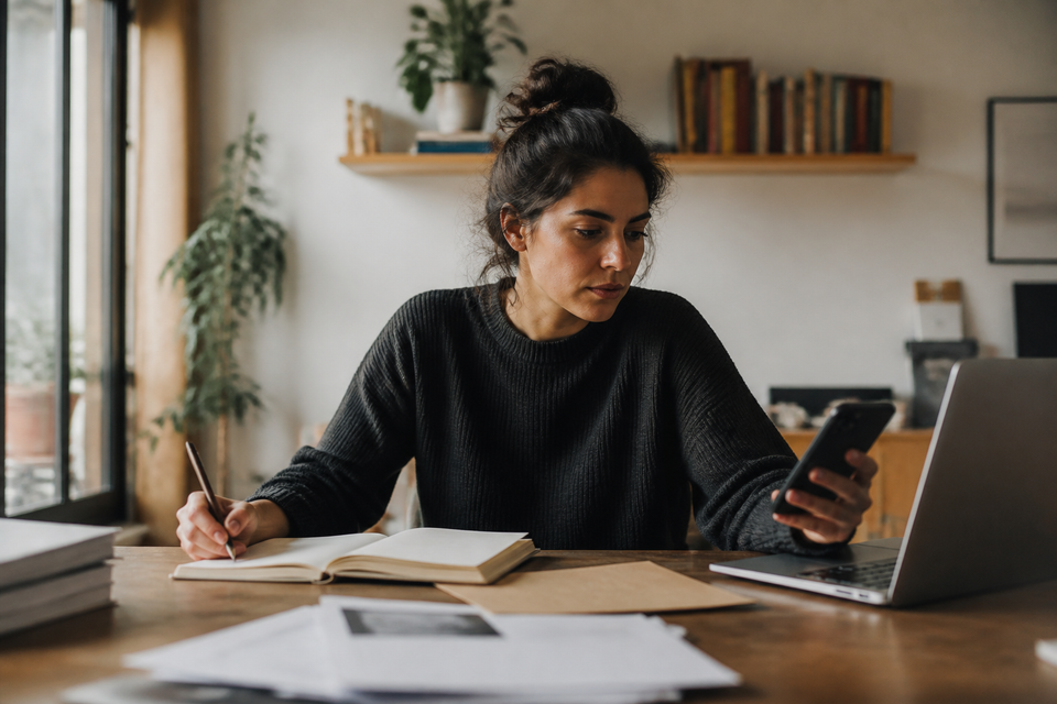 Persona alternando entre cuaderno, teléfono y computador en un escritorio